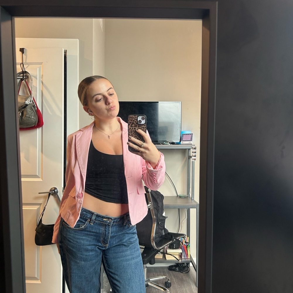 Pink Blazer with Black Crop Top